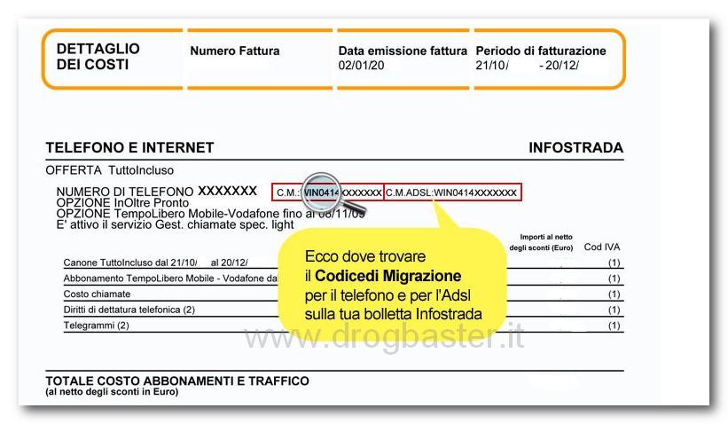 codice di migrazione, un esempio dalla bolletta di un gestore di telefonia