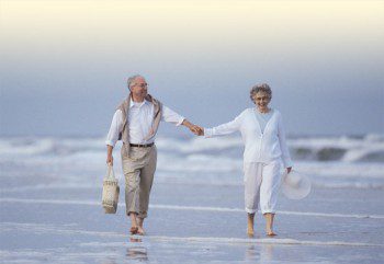 andare in pensione prima? Pensione anticipata (2 anziani sulla spiaggia, si tengono per mano)